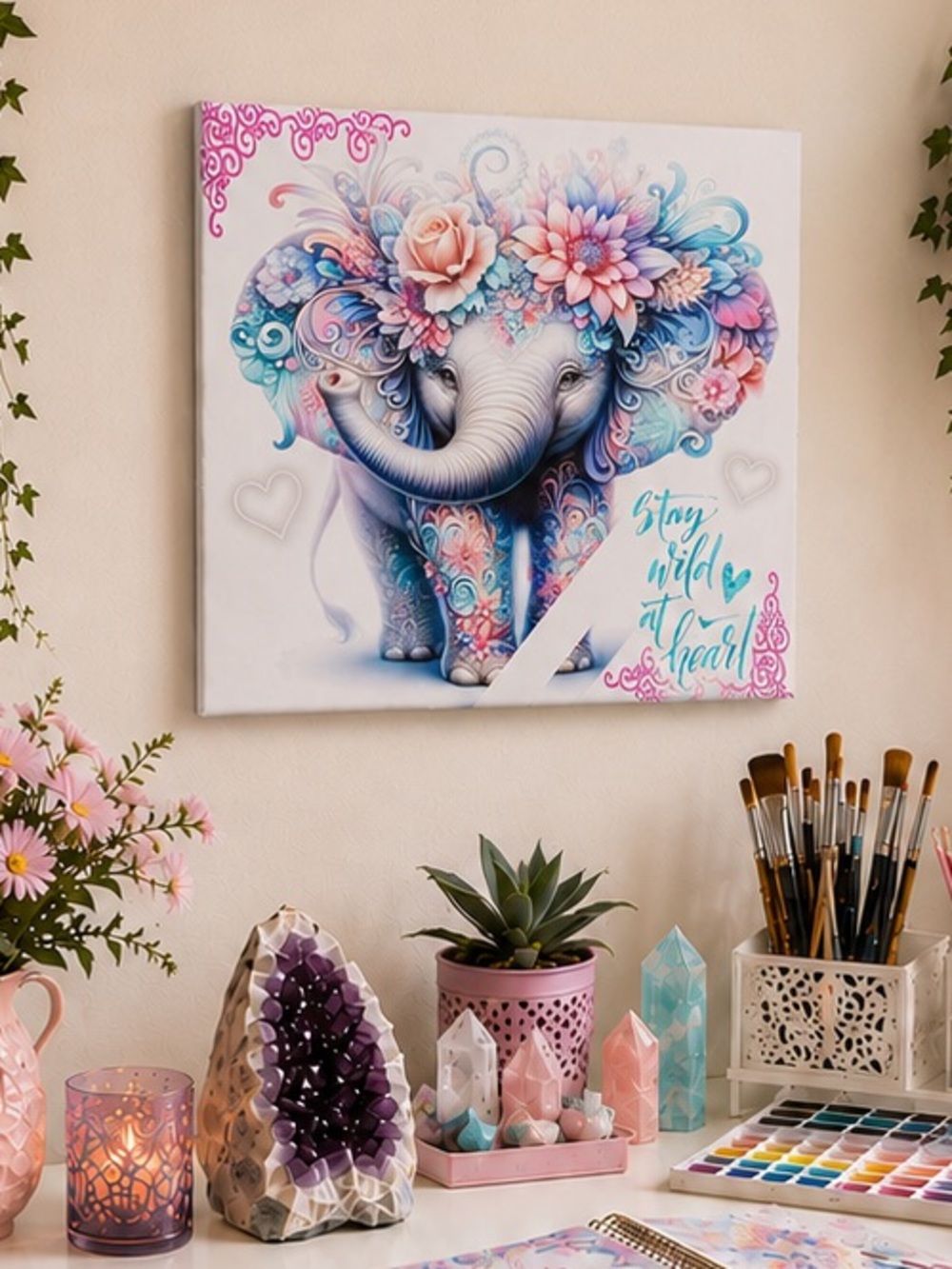 NWT Wild At Heart Elephant Canvas Wall Art 16x16 Boho Floral Whimsical Decor